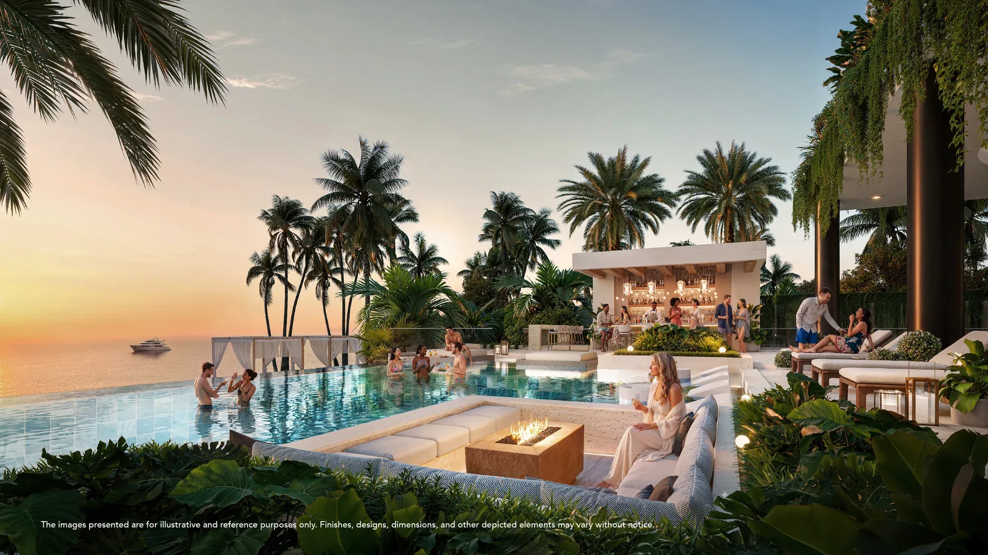 Aquamarine by Noval — Pool bar and fire-pit lounge at sunset