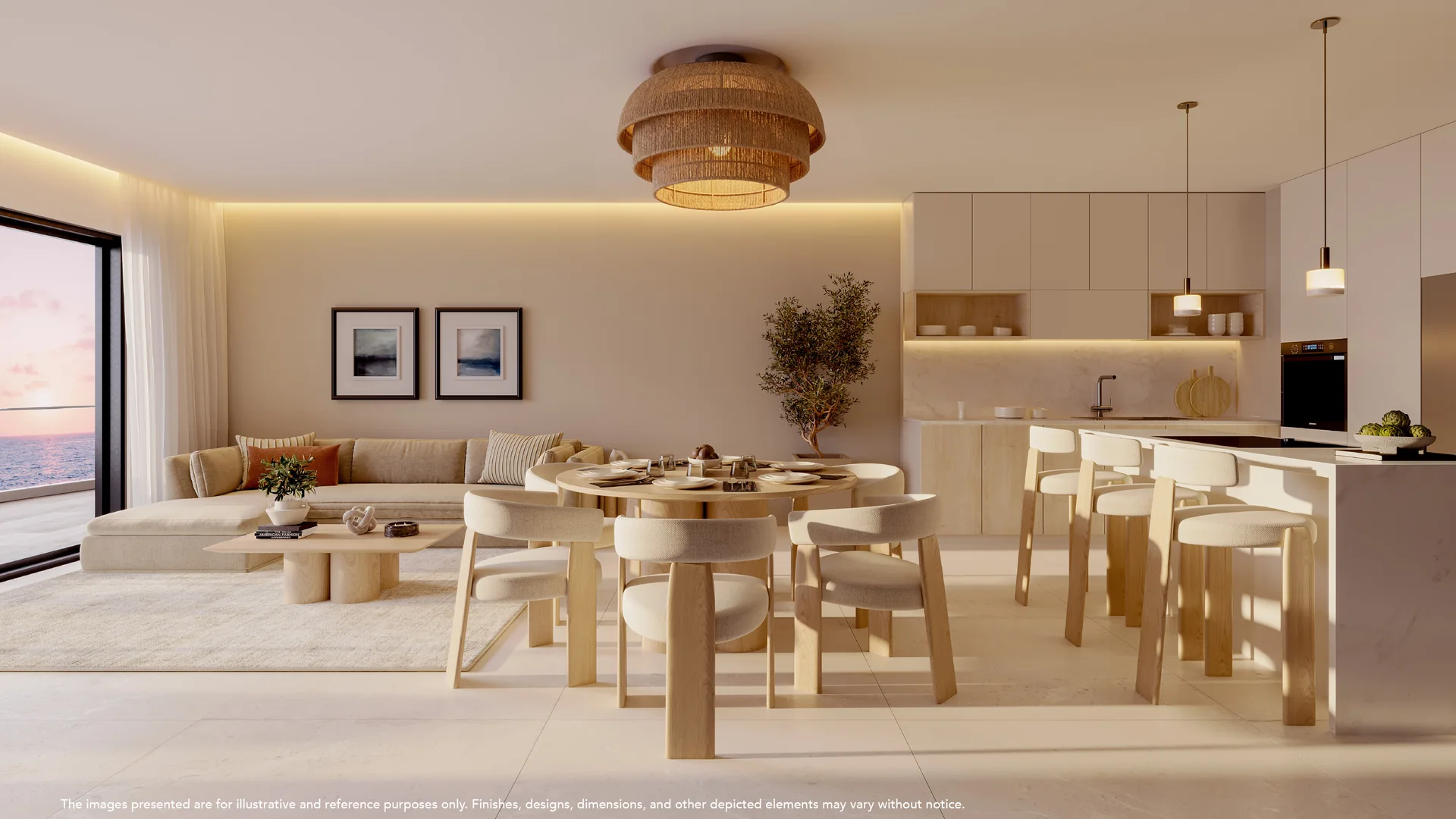 Aquamarine by Noval — Living, dining and open kitchen — interior render
