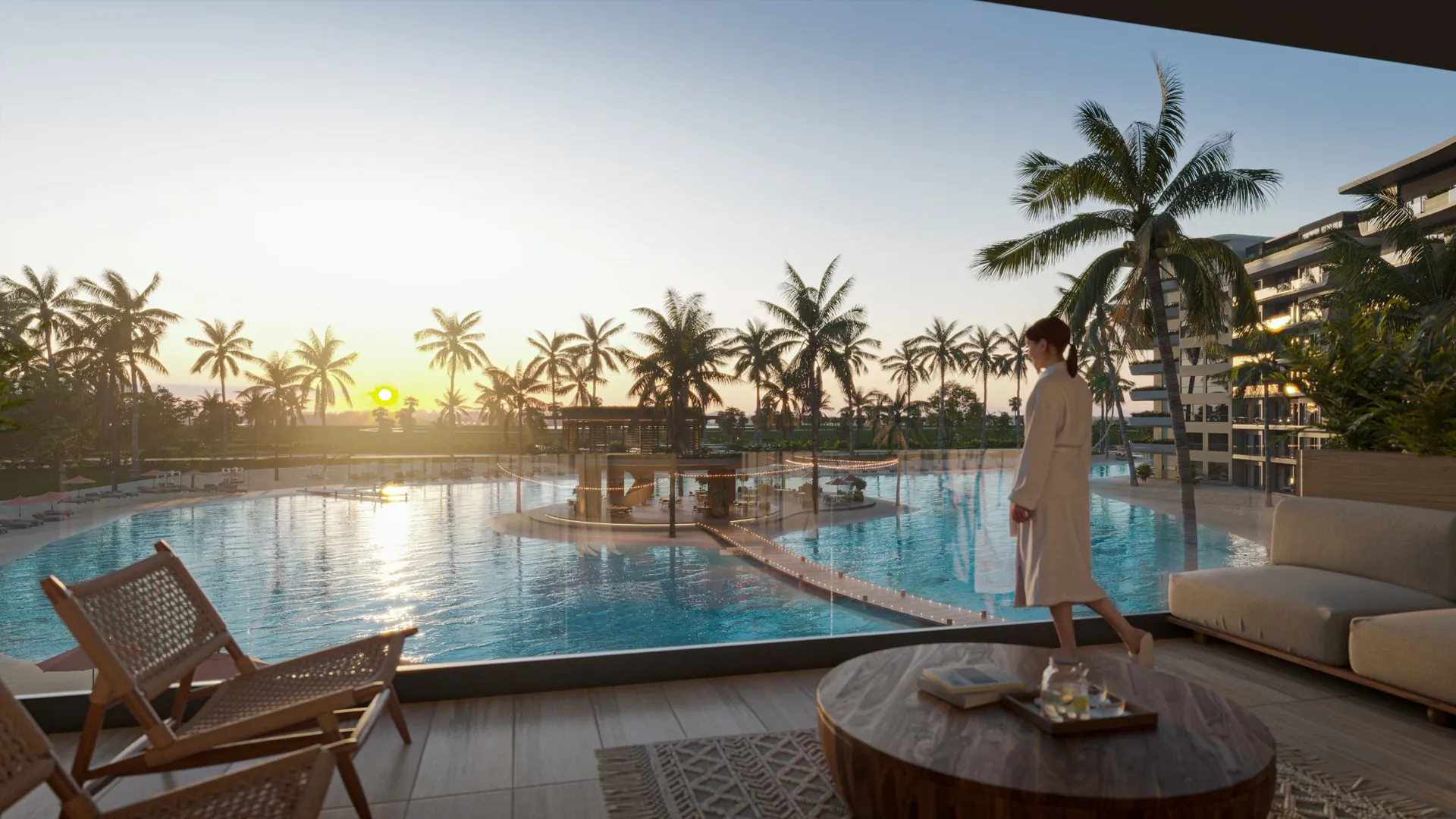 Bonita Beach Residences — Terrazza al tramonto sulla laguna cristallina e il bar sull'isola