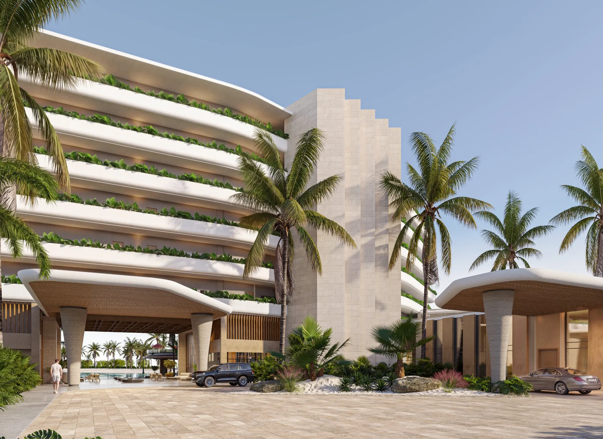 Bonita Beach Residences — Ingresso con porte-cochère e facciata con giardini pensili