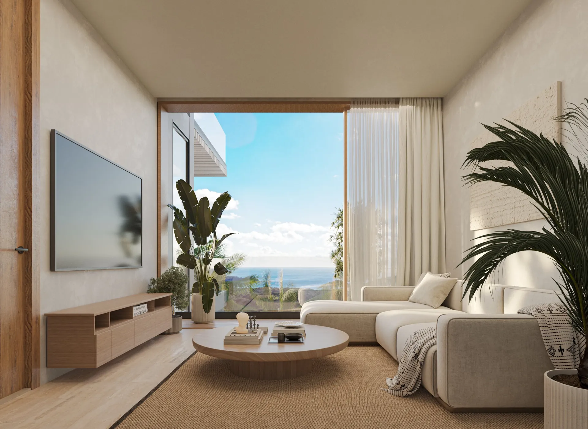 Bonita Beach Residences — Salotto con vetrata a tutta altezza e vista oceano