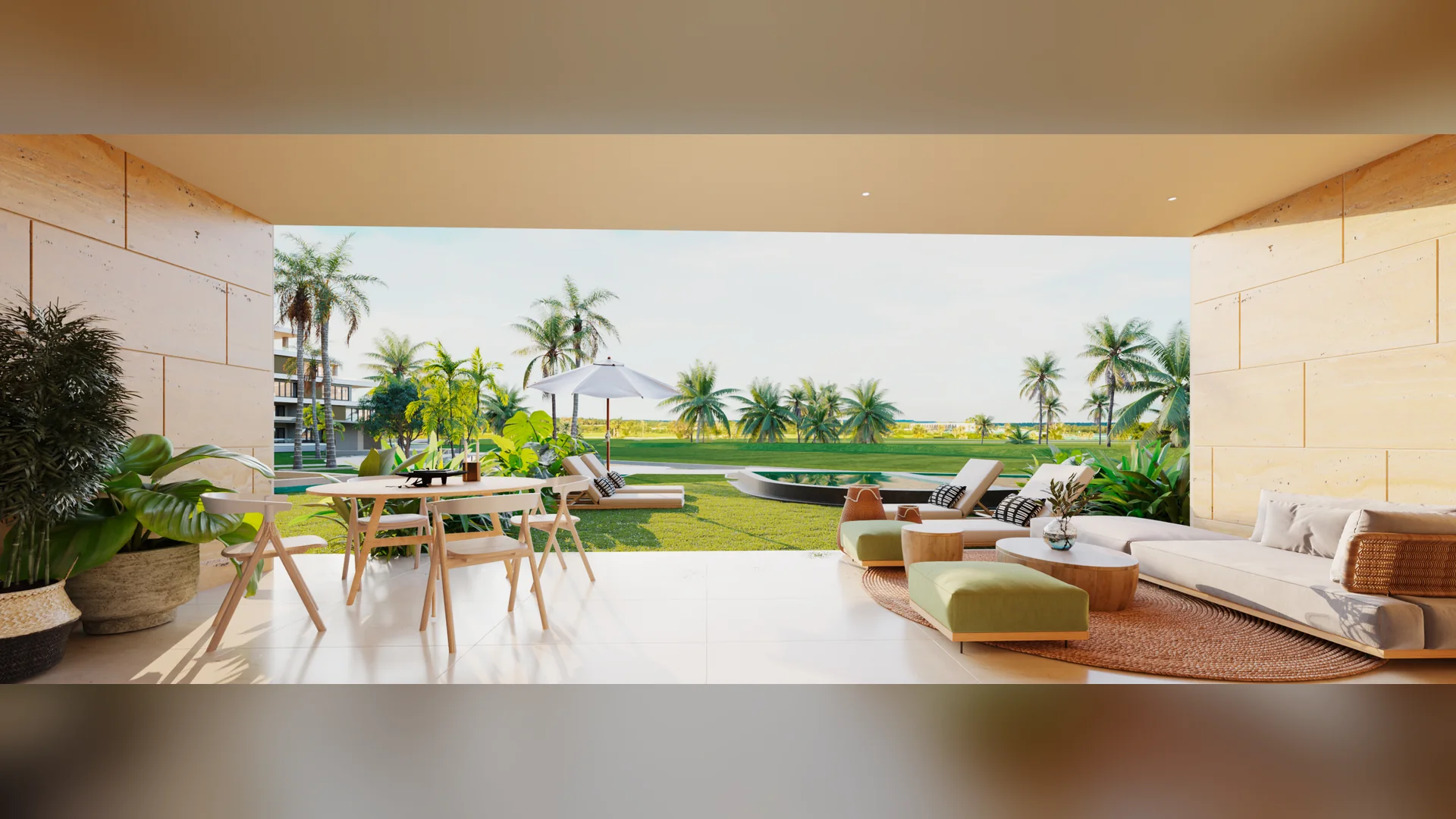 Bonita Golf Residences — Ground-floor terrace opening onto the private garden and pool