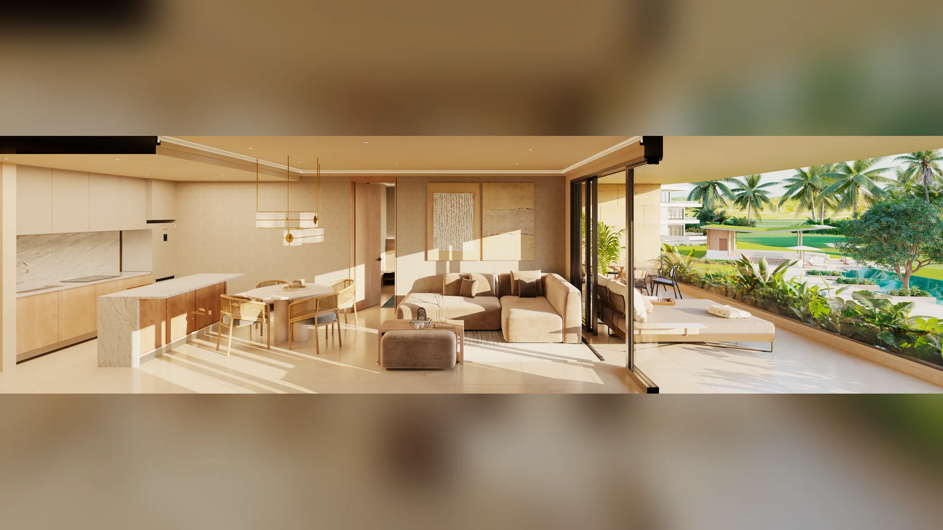 Bonita Golf Residences — Open living, dining and kitchen with golf view