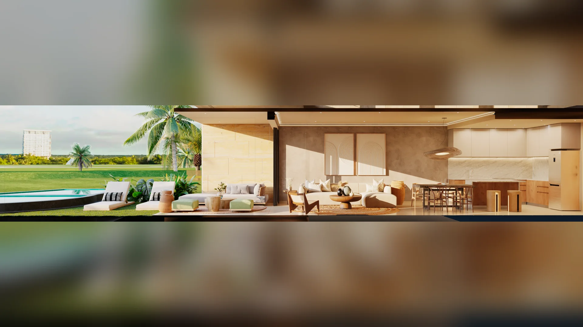 Bonita Golf Residences — Ground-floor unit: living area, terrace and pool