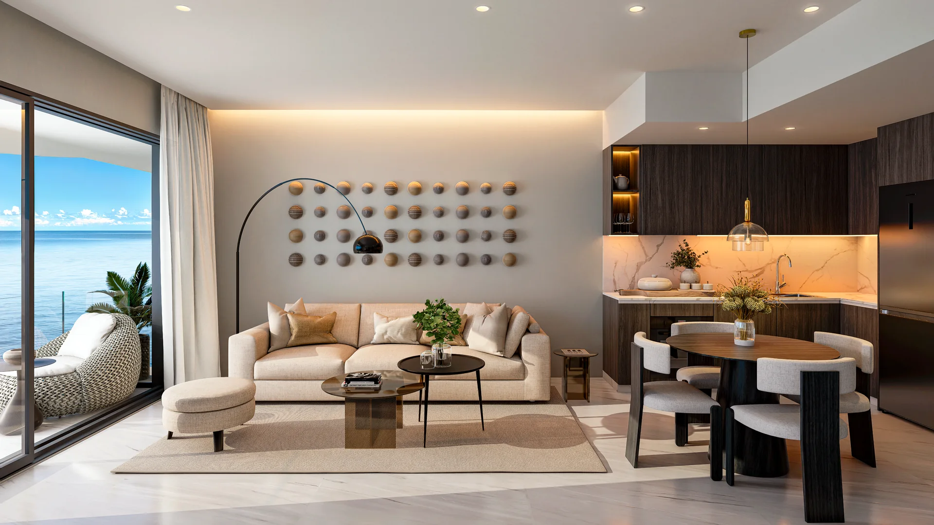 Coralia by Noval — Sea-view living and dining room — interior render