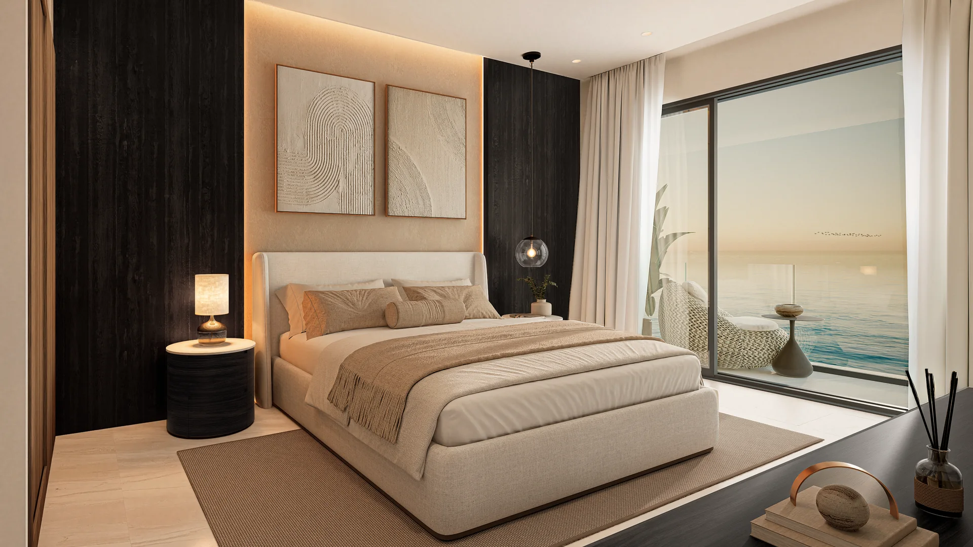 Coralia by Noval — Bedroom opening onto the sea at sunset — render