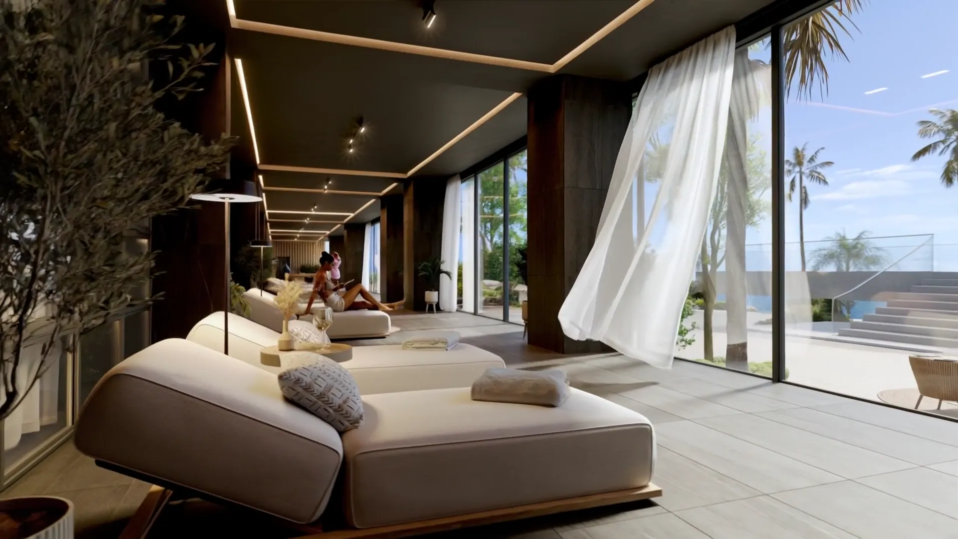 Coralia by Noval — Lounge with daybeds opening onto the gardens