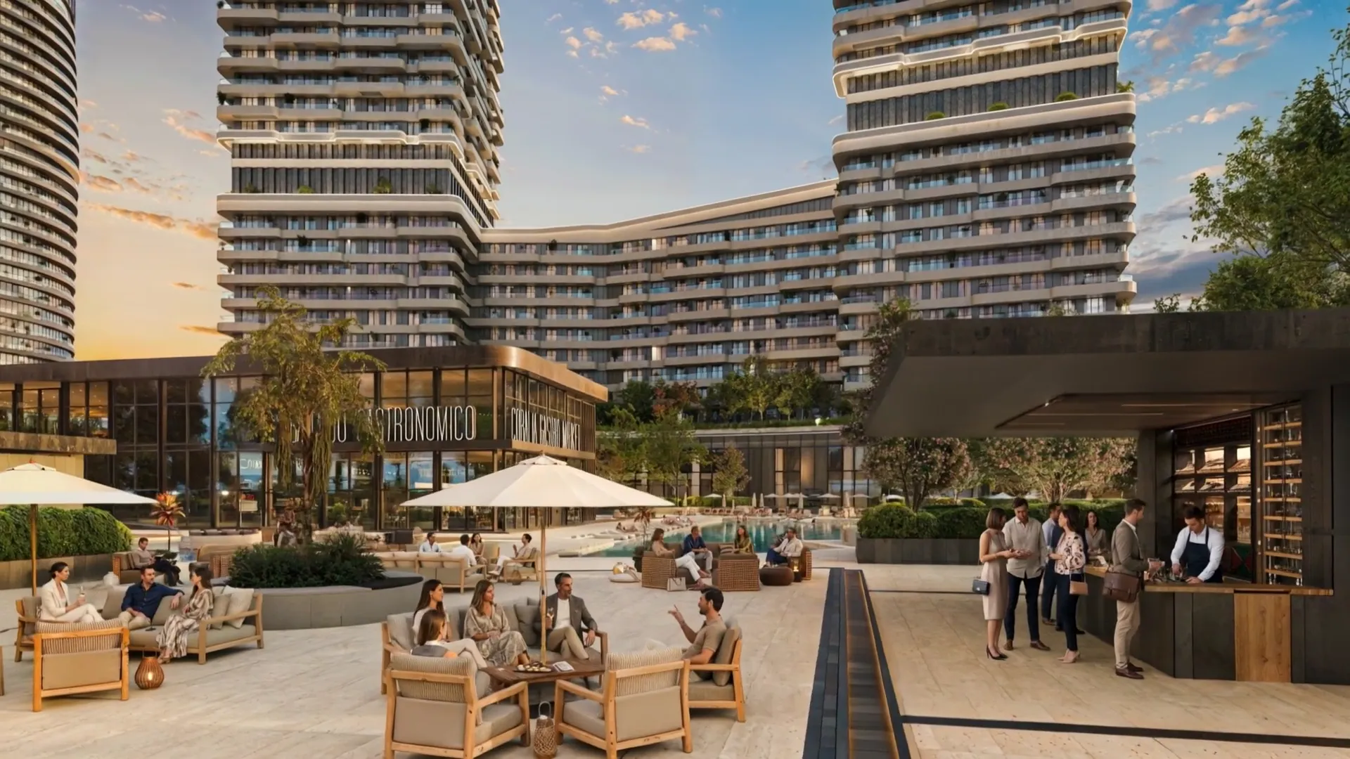 Coralia by Noval — Pool bar and social plaza between the towers