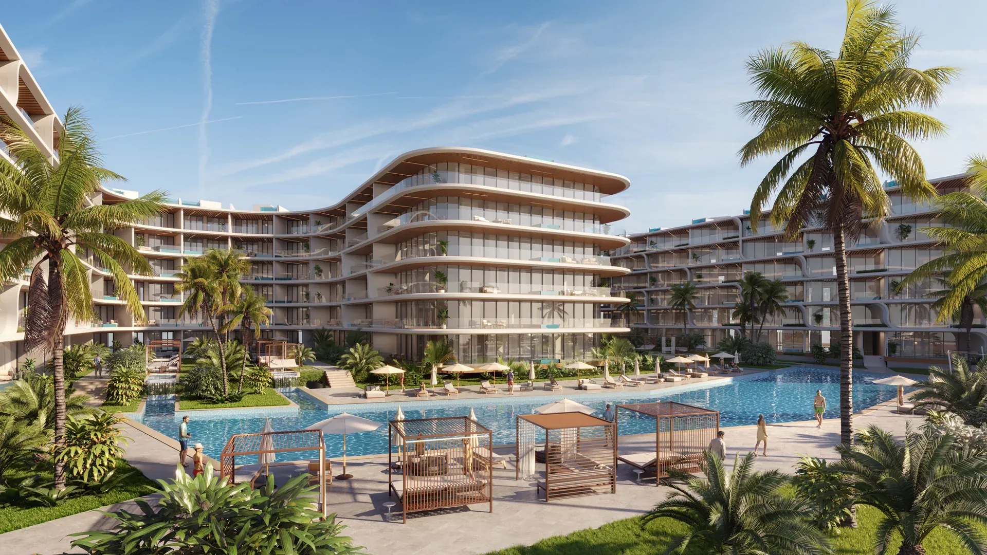 Harbor Bay · Cap Cana Marina — Resort pool with cabanas and the curved residences
