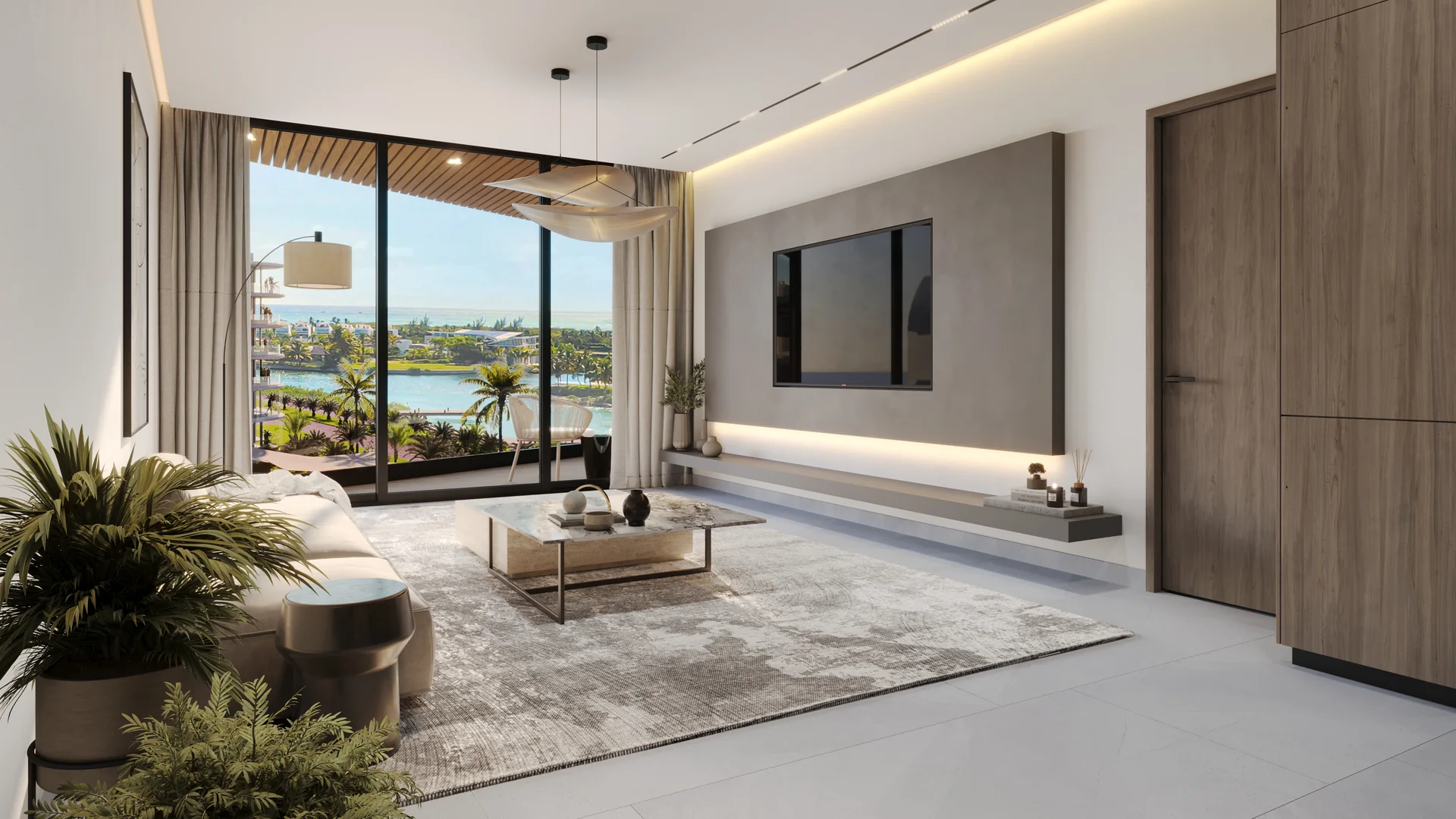 Harbor Bay · Cap Cana Marina — Living room opening onto the marina view