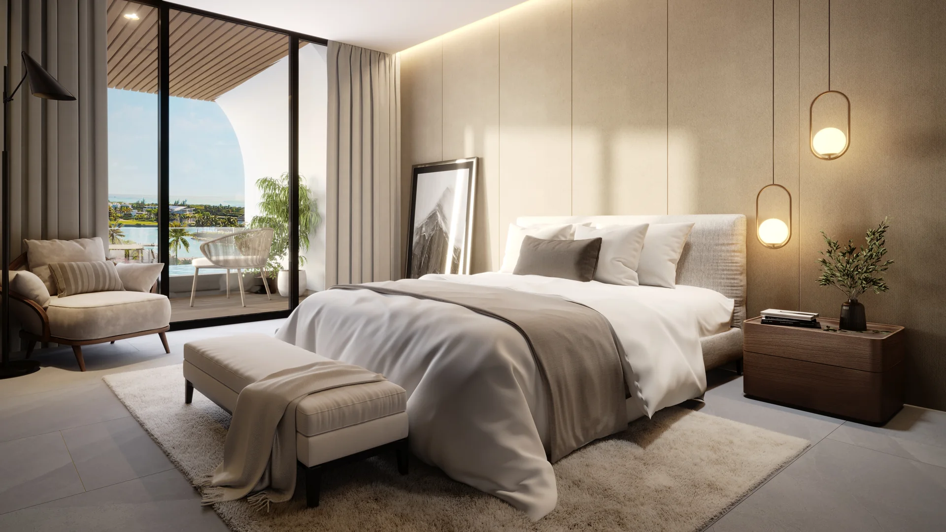 Harbor Bay · Cap Cana Marina — Master bedroom with floor-to-ceiling glass