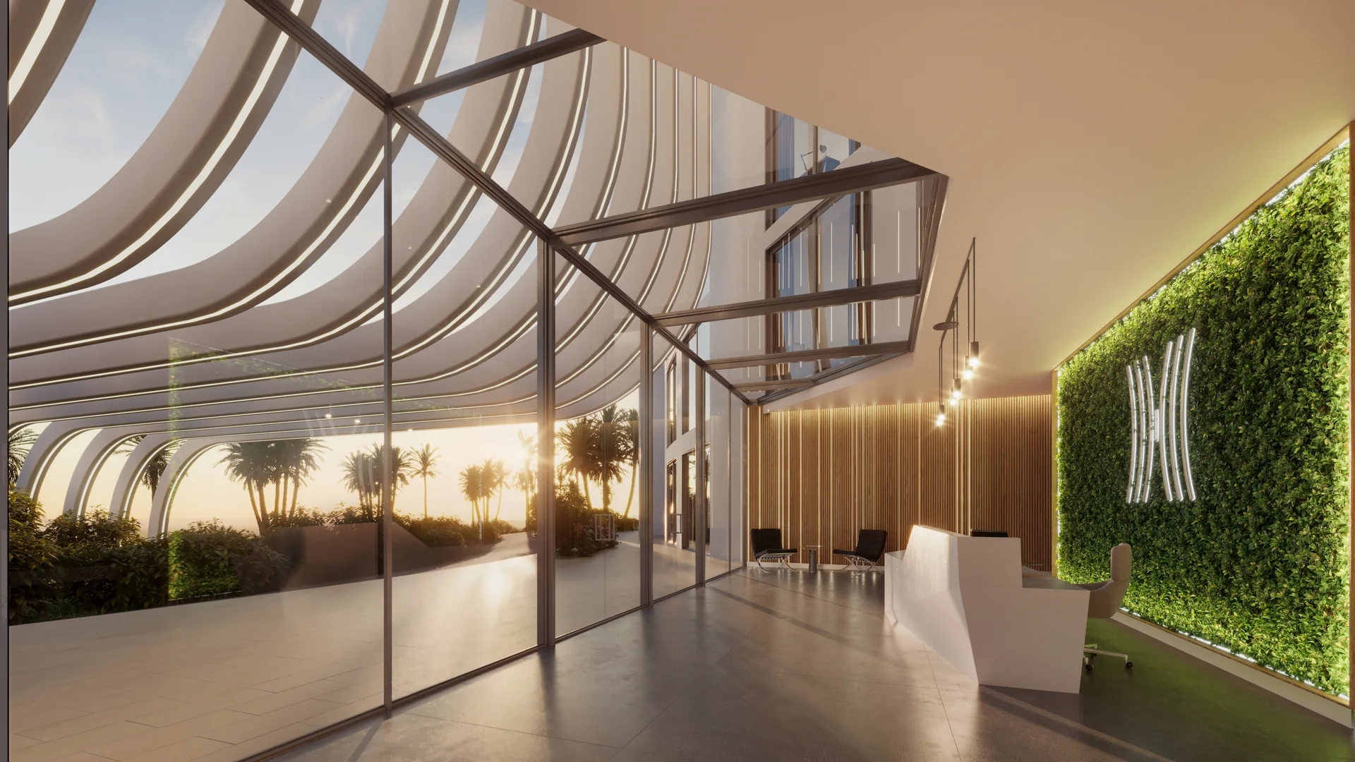 Harbor Bay · Cap Cana Marina — Lobby with sculptural roof and green wall