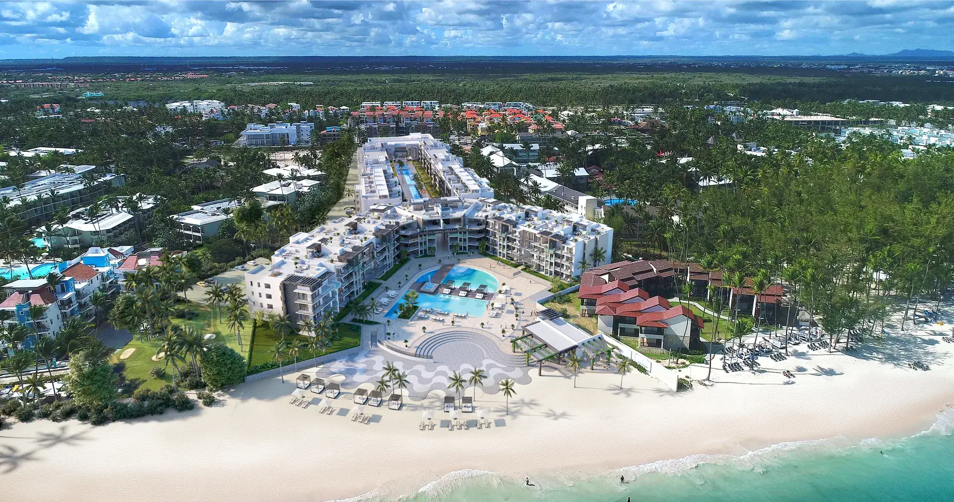 Ocean Bay · Loft F-403 with Rooftop — Ocean Bay from the air — beachfront on Bávaro Beach