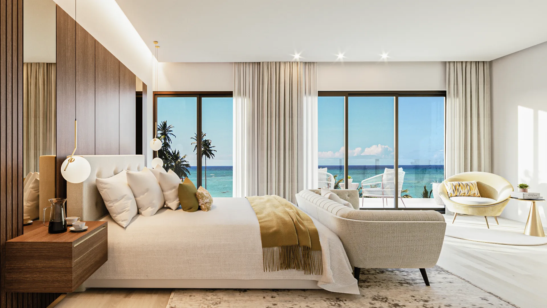 Ocean Bay · Loft F-403 with Rooftop — Bedroom with ocean view — project render