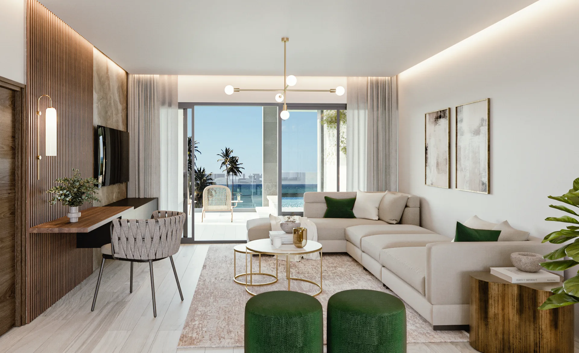 Ocean Bay · Loft F-403 with Rooftop — Living room with sea view — project render