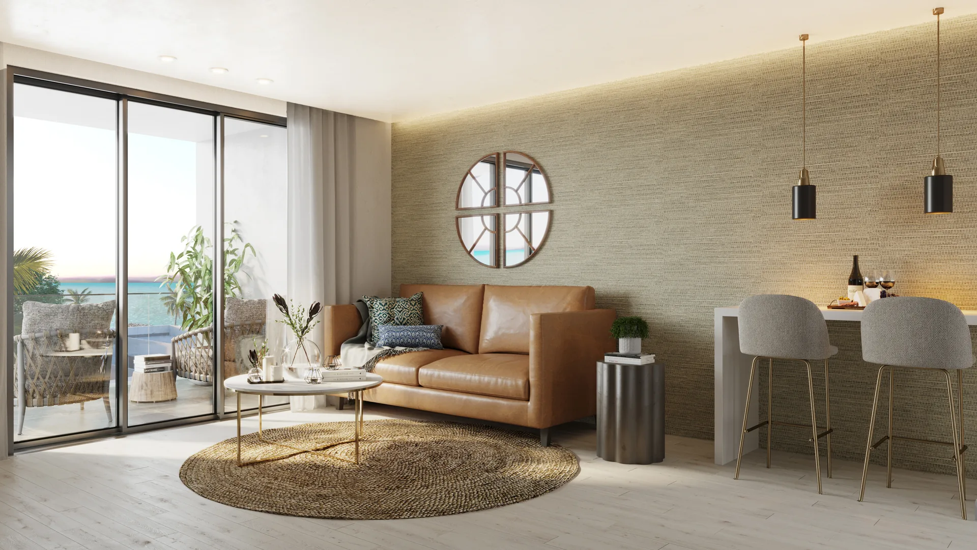 Ocean Bay · Loft F-403 with Rooftop — Lounge and balcony with ocean view — project render