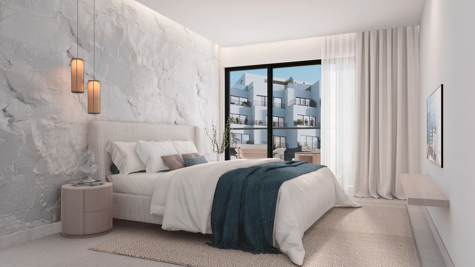 Poseidonia Residences — Bedroom with textured stone wall and balcony