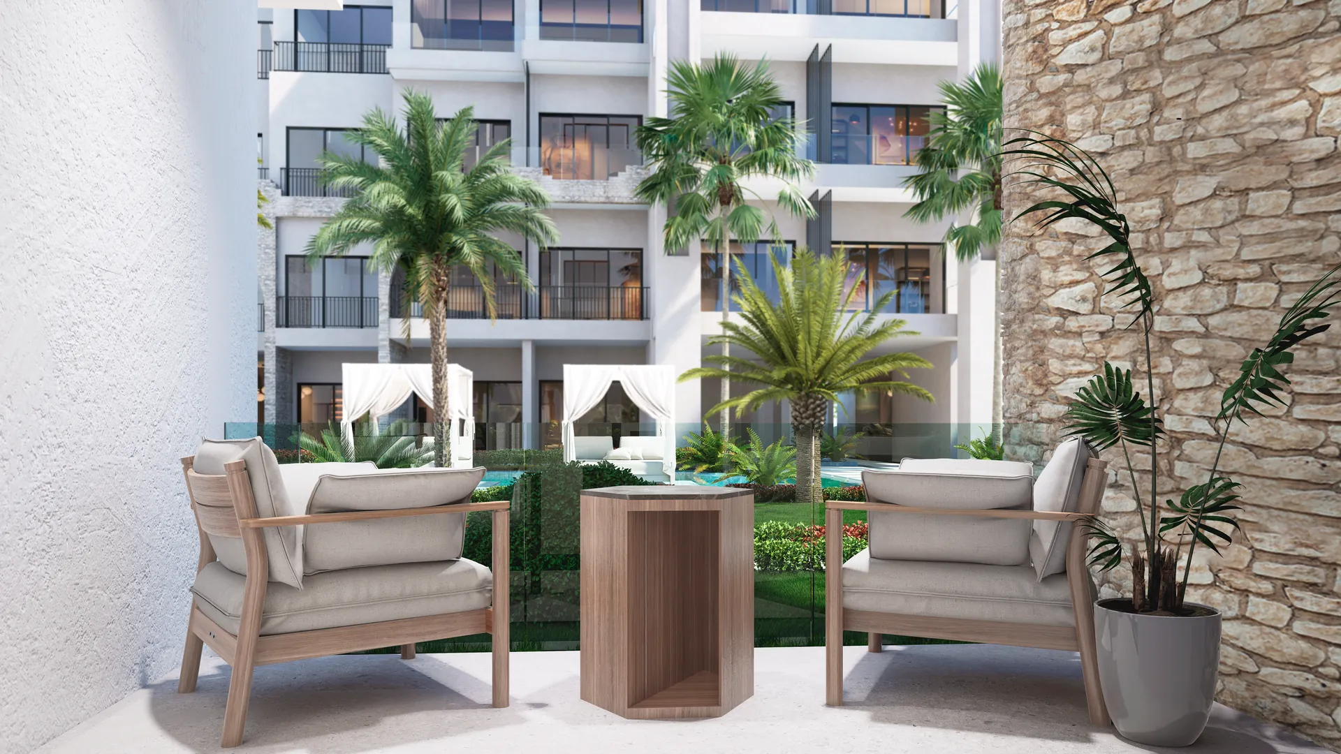 Poseidonia Residences — Ground-floor terrace facing the gardens and pool cabanas