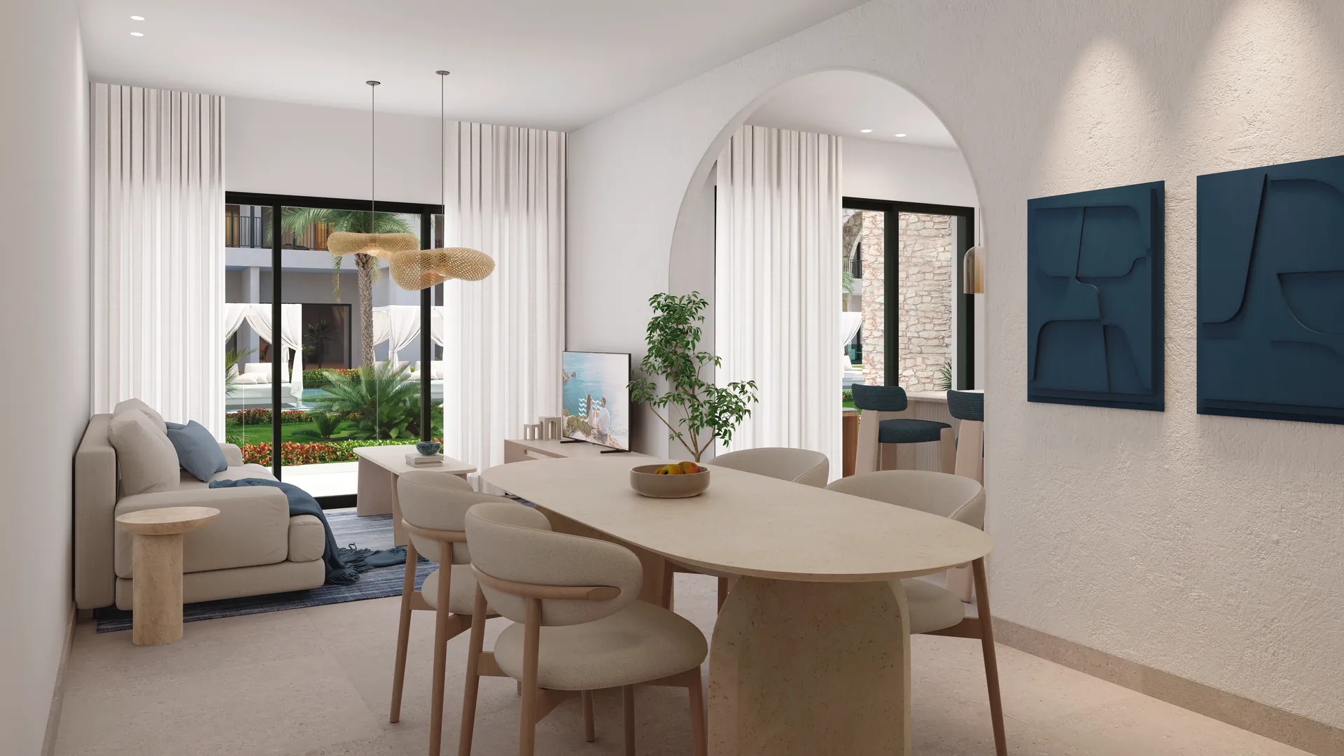 Poseidonia Residences — Living room with sliding doors to the terrace