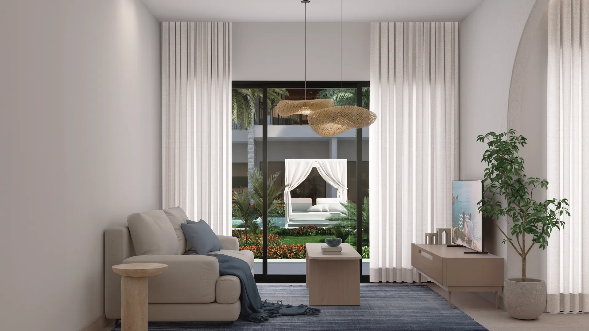 Poseidonia Residences — Open living, dining and kitchen under a stone arch