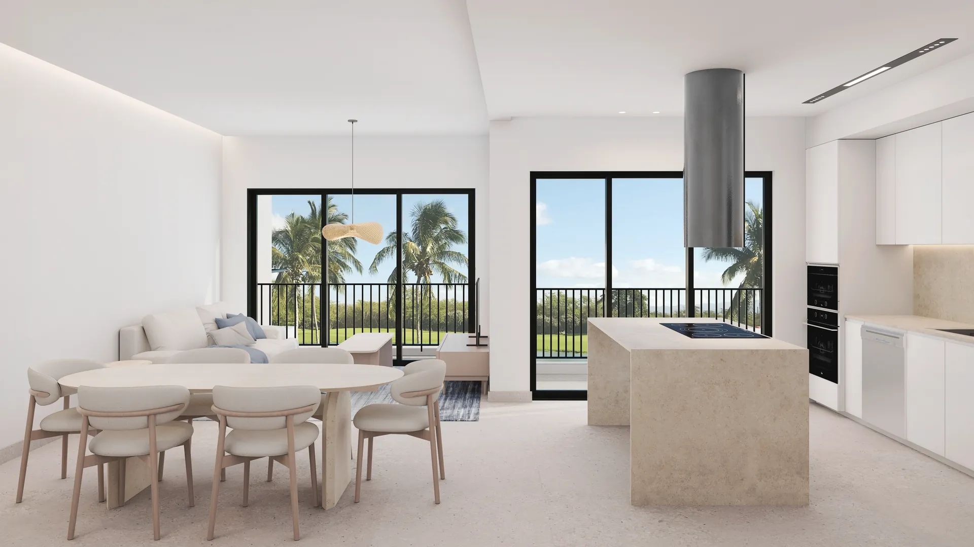Poseidonia Residences — Kitchen with island and golf-course view