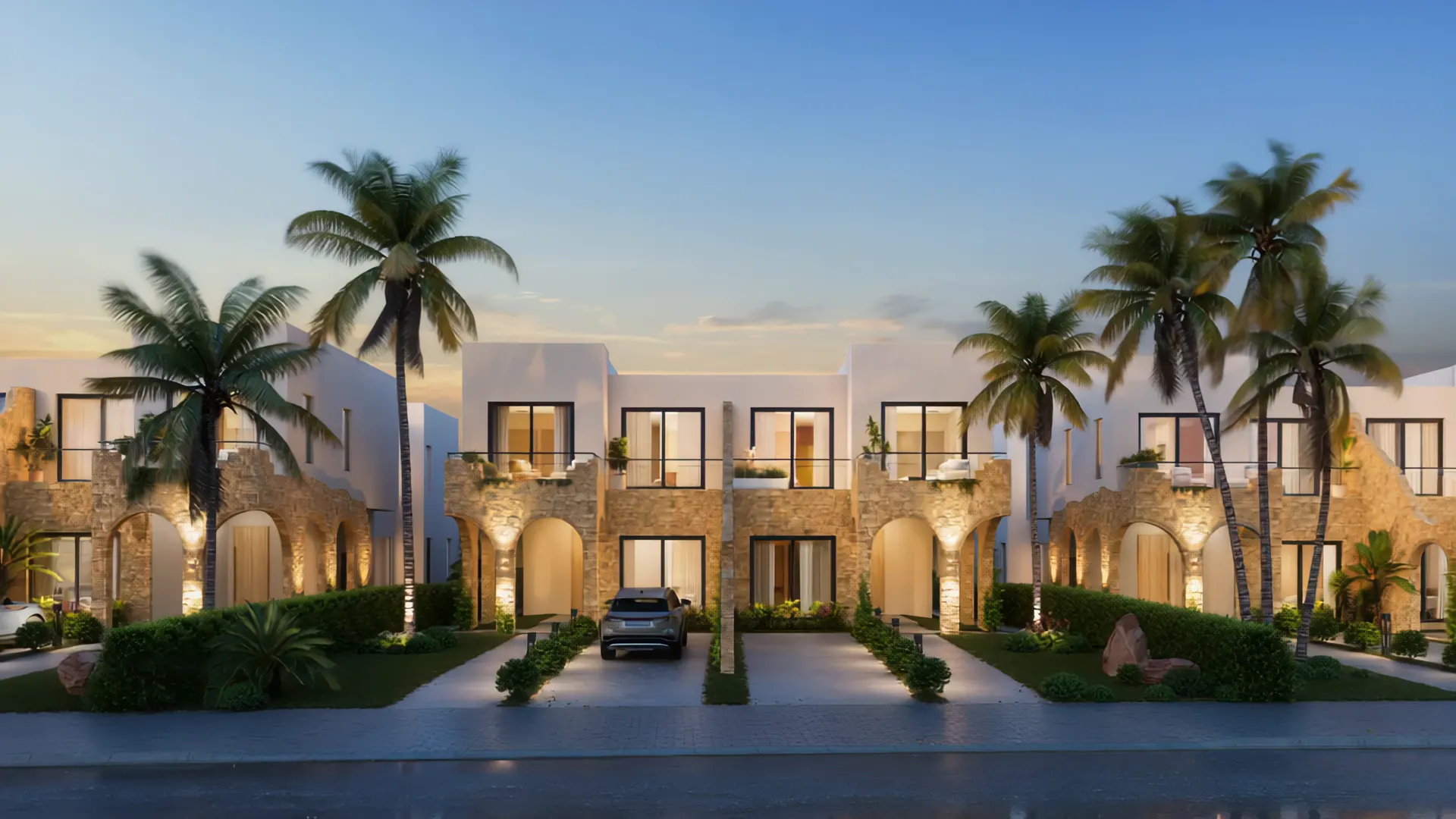 Poseidonia Villas — 3D tour — villa façades from sunset to night
