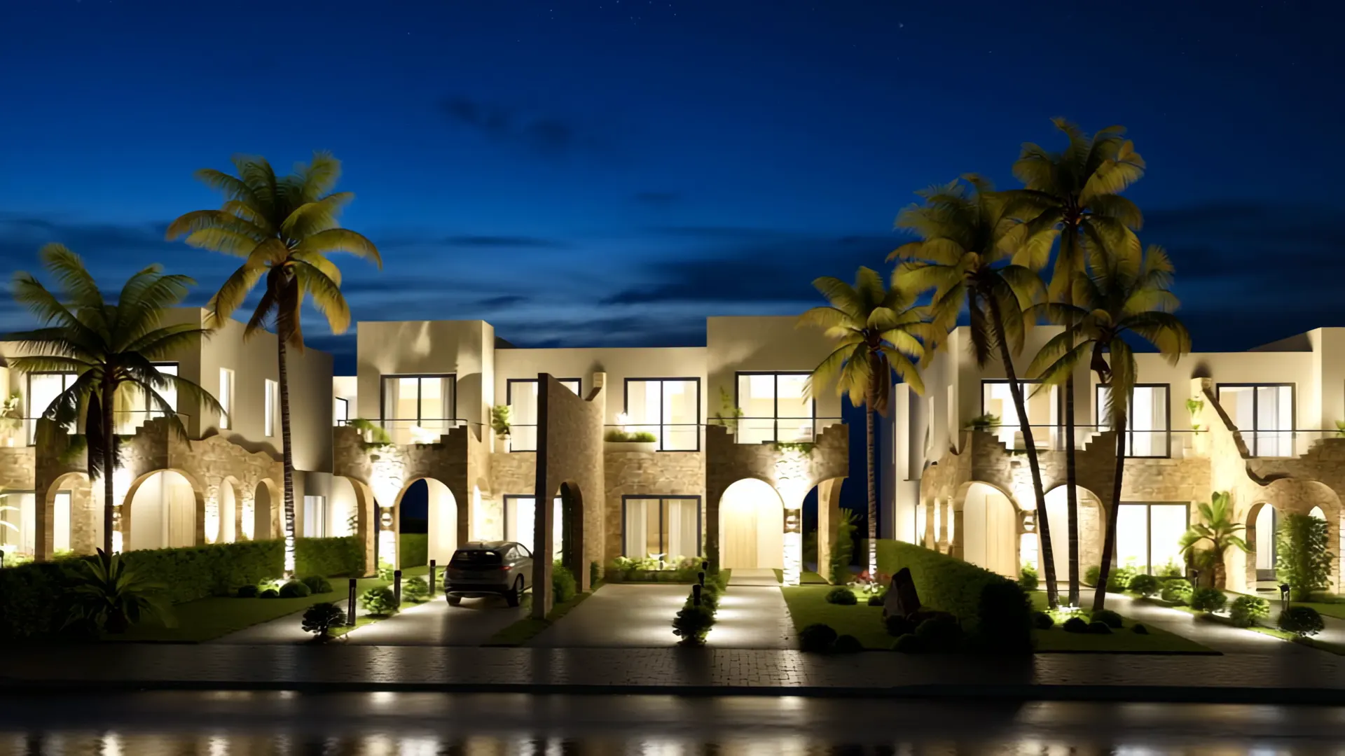 Poseidonia Villas — 3D tour — villa row lit at night