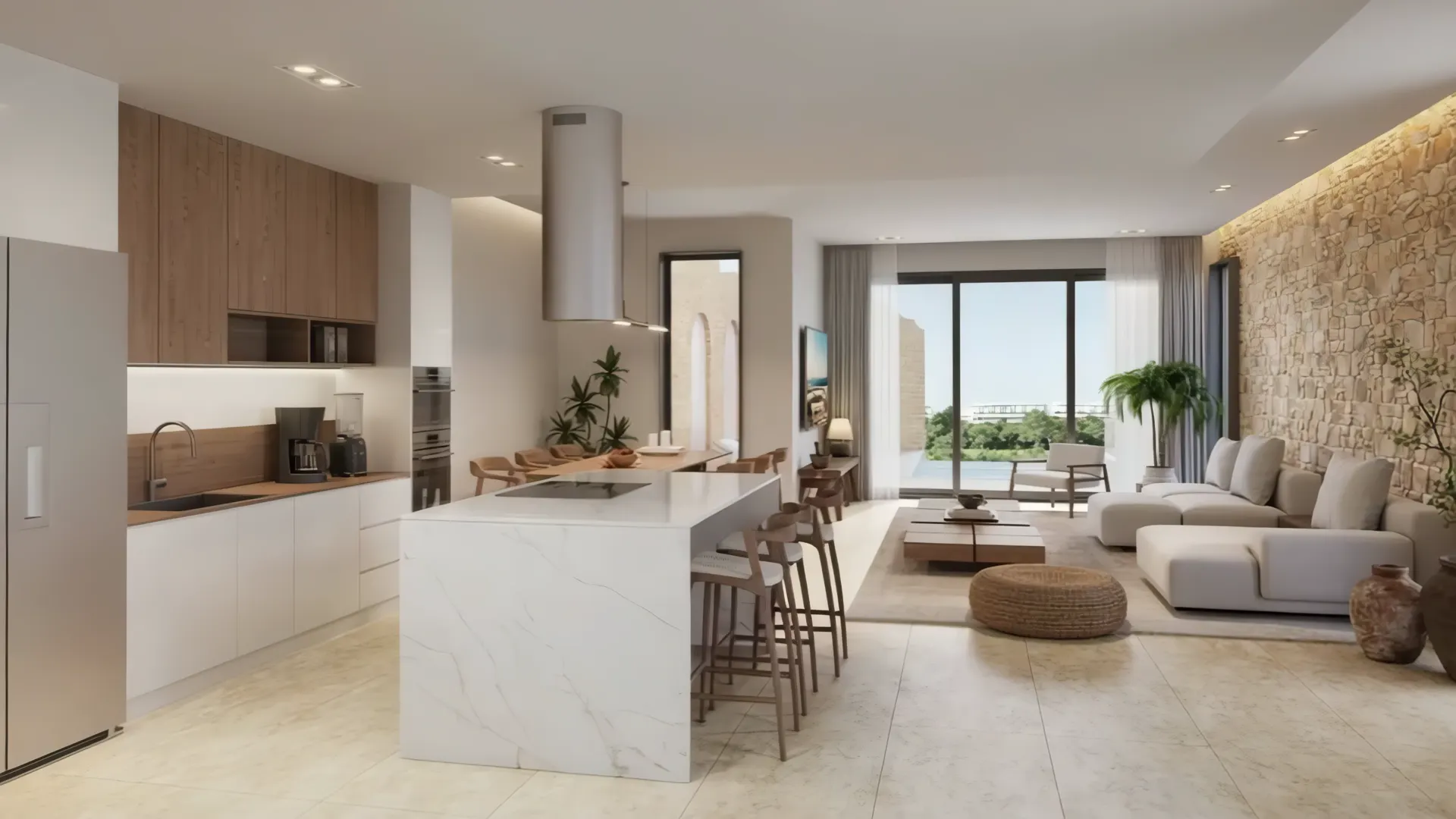 Poseidonia Villas — 3D tour — open kitchen and living area