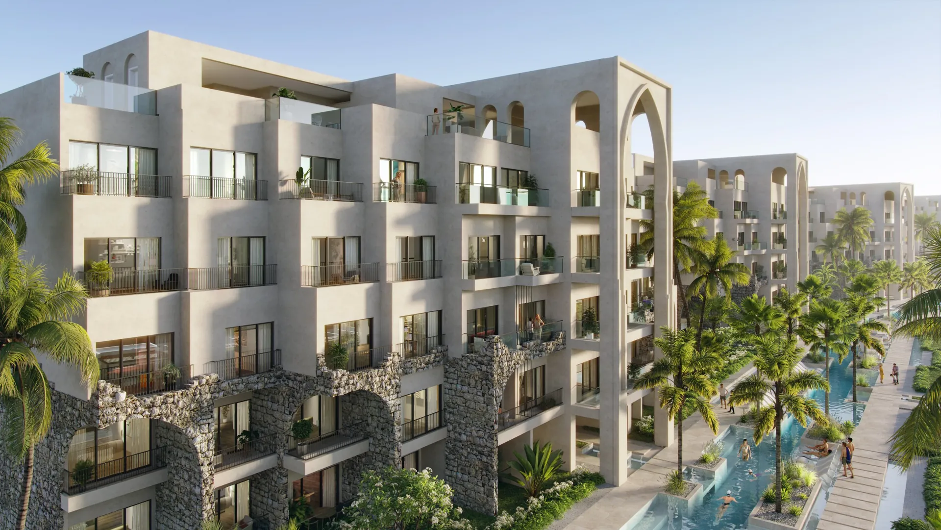Poseidonia Residences — Residential buildings with Greco-Roman arched towers along the meandering pool