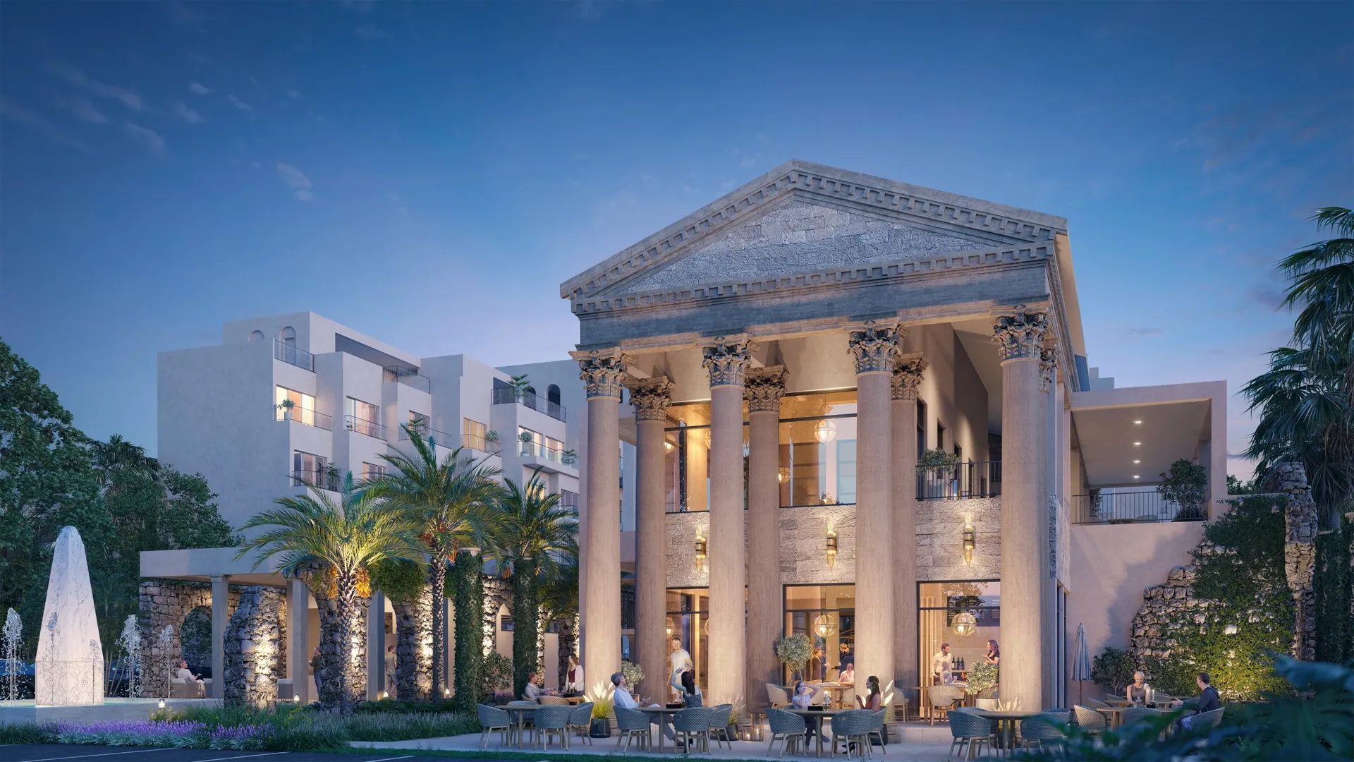 Poseidonia Residences — Neoclassical clubhouse and restaurant terrace at night (shared amenity)